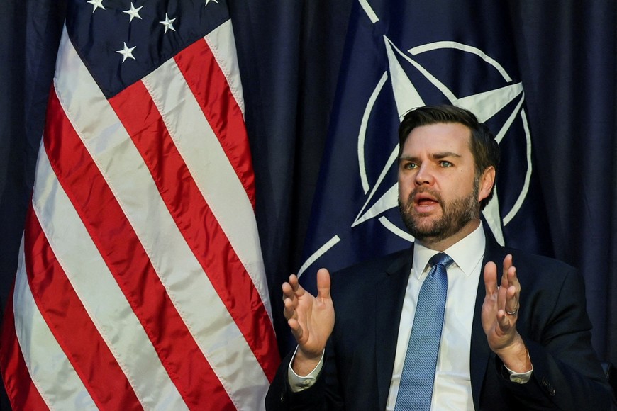 U.S. Vice President JD Vance participates in a bilateral meeting with NATO Secretary General Mark Rutte (not pictured) at the Commerzbank in Munich, Germany, February 14, 2025. REUTERS/Leah Millis