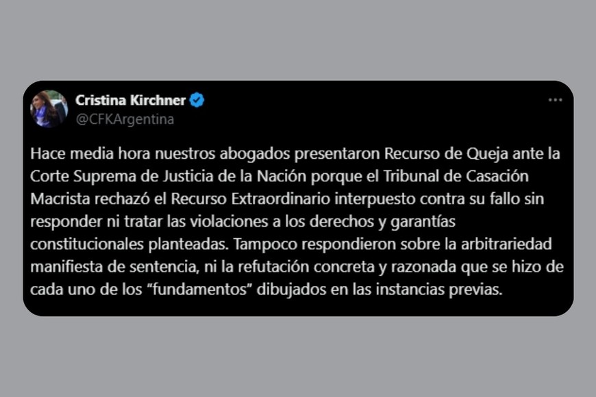 La publicación de Cristina este lunes en X.