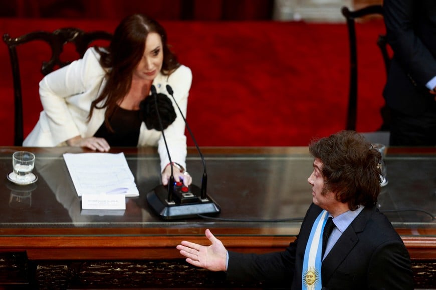 Argentina's President Javier Milei and Vice President Victoria Villarruel attend the opening session of the legislative term, at the National Congress, in Buenos Aires, Argentina, March 1, 2025. REUTERS/Matias Baglietto