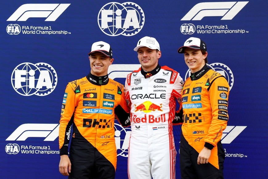 Formula One F1 - Japanese Grand Prix - Suzuka Circuit, Suzuka, Japan - April 5, 2025
Red Bull's Max Verstappen poses after qualifying in pole position with second placed McLaren's Lando Norris and third placed McLaren's Oscar Piastri REUTERS/Manami Yamada