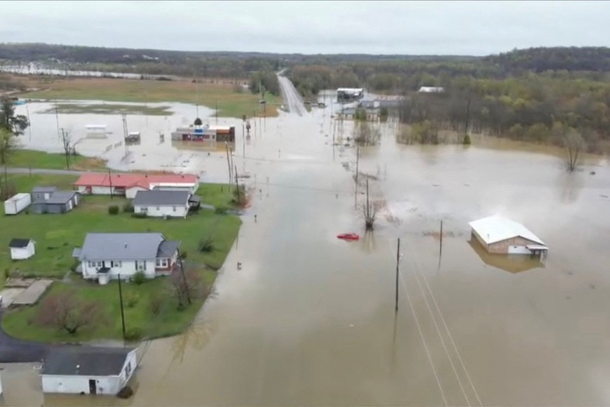 A drone view shows a flooded area following intense storms in Dawson Springs, Kentucky, U.S., April 5, 2025, in this screen grab taken from a handout video. Dawson Springs Police/Handout via REUTERS    THIS IMAGE HAS BEEN SUPPLIED BY A THIRD PARTY. NO RESALES. NO ARCHIVES. MANDATORY CREDIT