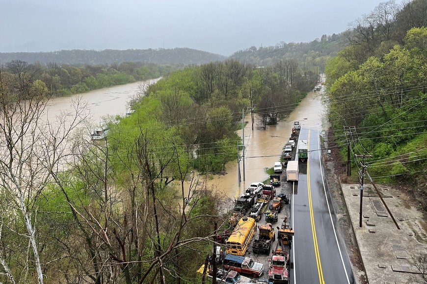 A view shows a flooded area, in Frankfort, Kentucky, U.S., April 5, 2025, in this still image obtaned from social media. Buddy Bennett/via REUTERS  THIS IMAGE HAS BEEN SUPPLIED BY A THIRD PARTY. MANDATORY CREDIT. NO RESALES. NO ARCHIVES.