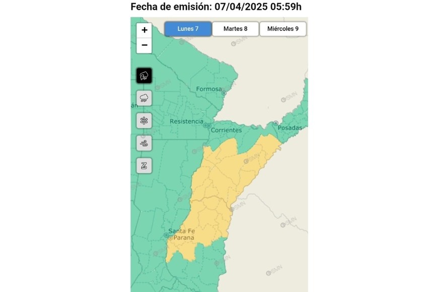 El gráfico de alertas para este lunes. Crédito: SMN