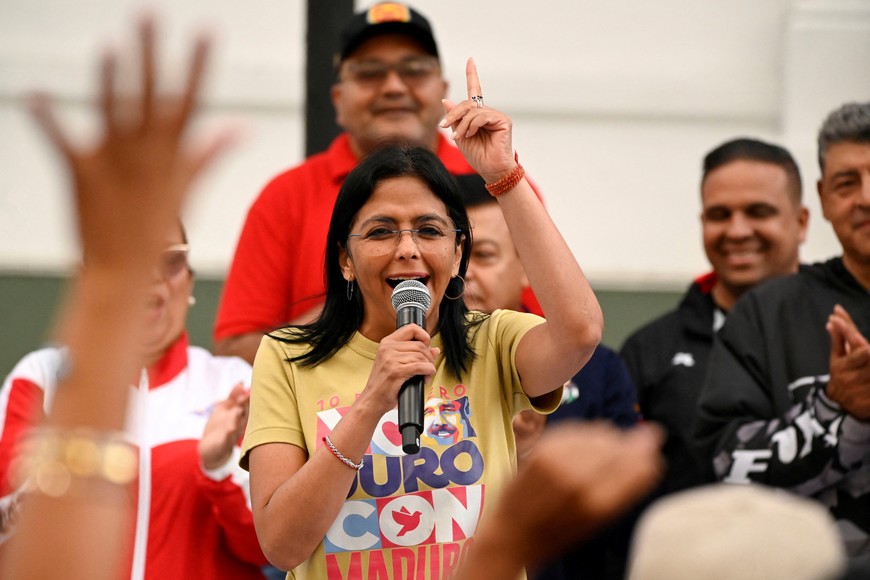 Venezuela's Vice President Delcy Rodriguez speaks at a rally for Venezuelan President Nicolas Maduro days before Maduro is set to officially begin his third term in office, in Caracas, Venezuela January 8, 2025. REUTERS/Maxwell Briceno