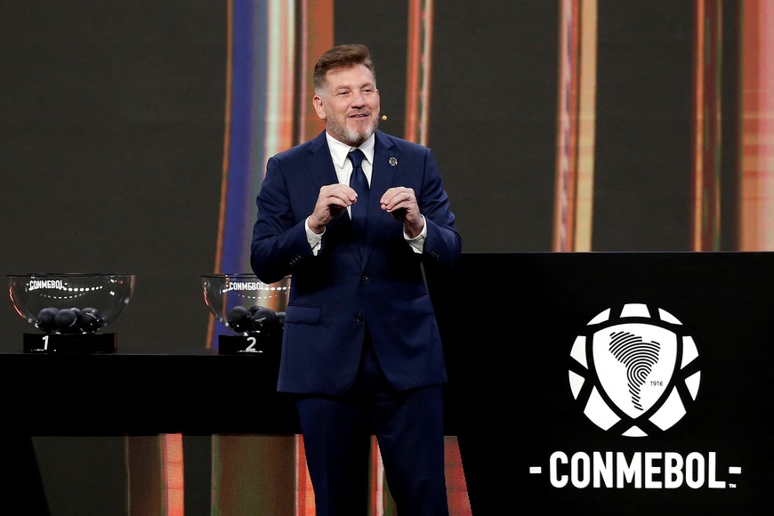 Soccer Football - Copa Libertadores - Group Stage Draw - Conmebol Headquarters, Luque, Paraguay - March 17, 2025
CONMEBOL President Alejandro Dominguez speaks during the draw REUTERS/Cesar Olmedo