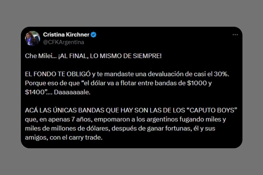 La publicación de Cristina Kirchner sobre Javier Milei.