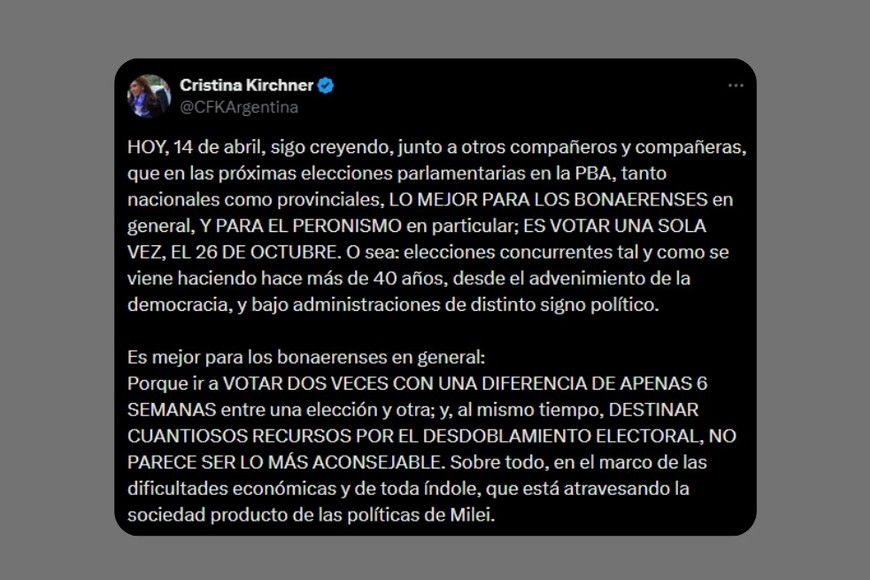 La publicación de CFK en X.