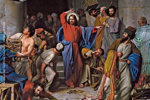 "Jesús entra en el Templo y, al encontrarlo convertido en un mercado, vuelca las mesas de los cambistas y expulsa a quienes comercializaban allí".