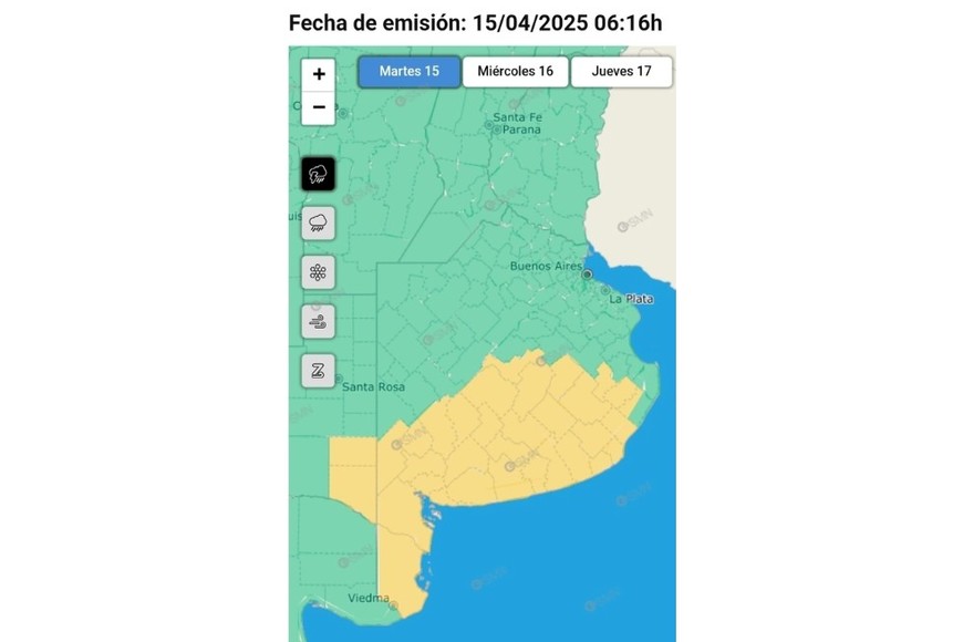 Fragmento del gráfico de alertas este martes. Crédito: SMN