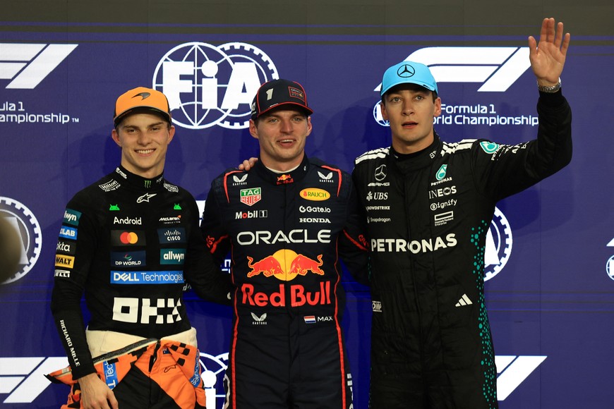 Formula One F1 - Saudi Arabian Grand Prix - Jeddah Corniche Circuit, Jeddah, Saudi Arabia - April 19, 2025
Red Bull's Max Verstappen celebrates after qualifying in pole position with second placed McLaren's Oscar Piastri and third placed Mercedes' George Russell REUTERS/Thaier Al-Sudani