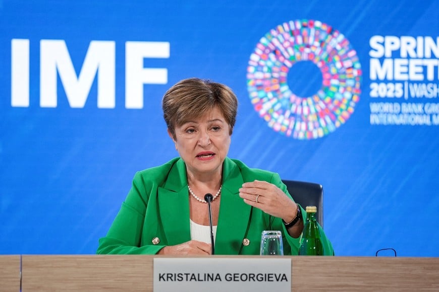 IMF Managing Director Kristalina Georgieva holds a press briefing during the 2025 annual IMF/World Bank Spring Meetings in Washington, D.C., U.S., April 24, 2025. REUTERS/Ken Cedeno