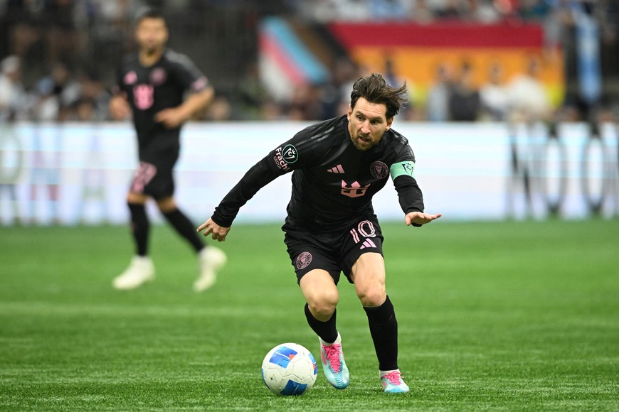 Apr 24, 2025; Vancouver, British Columbia, CAN;   Inter Miami SC forward Lionel Messi (10) controls the ball during the second half against the Vancouver Whitecaps FC at BC Place. Mandatory Credit: Anne-Marie Sorvin-Imagn Images