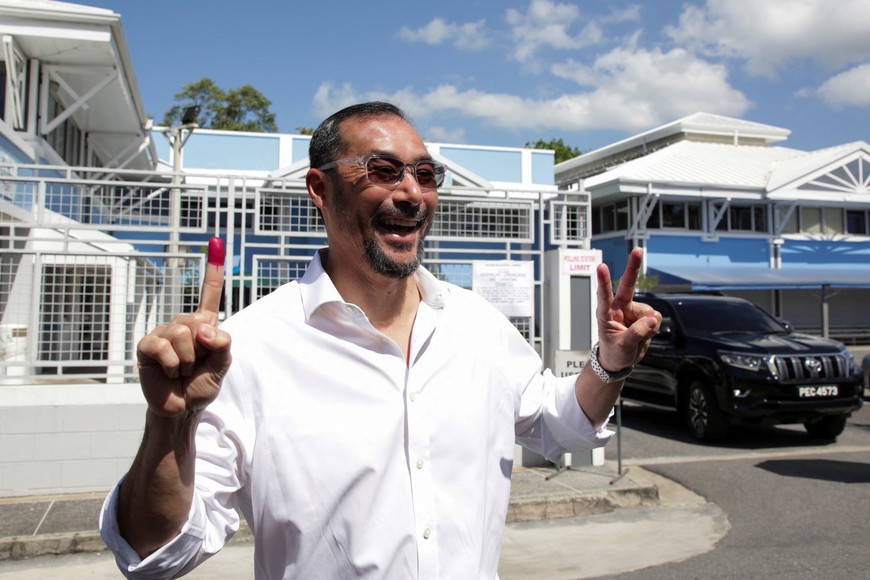 Trinidad and Tobago's Prime Minister Stuart Young gestures after casting his vote during the House of Representatives election, in Port of Spain, Trinidad and Tobago April 28, 2025. REUTERS/Andrea de Silva