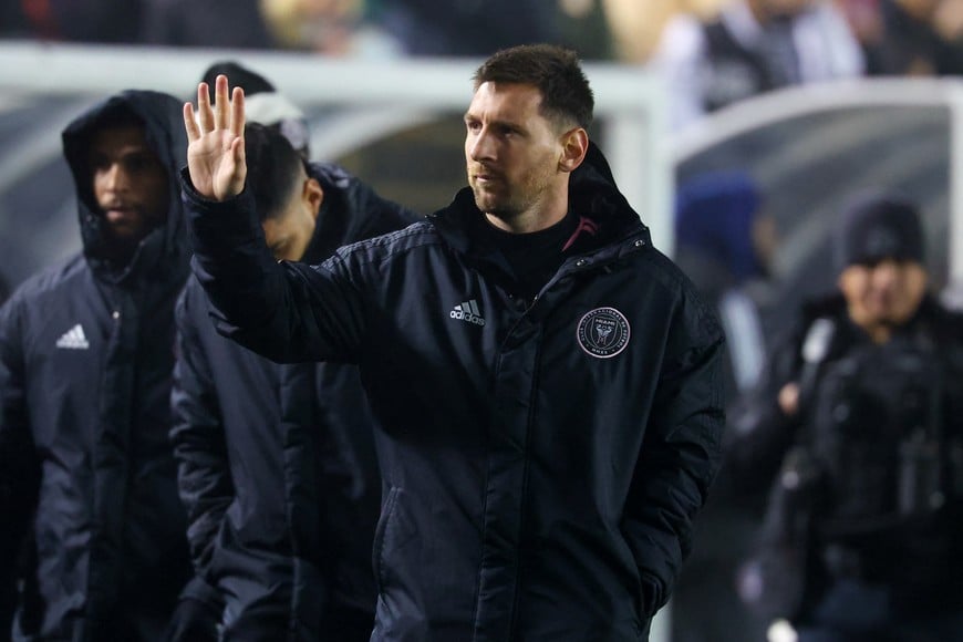 Jan 22, 2024; Dallas, TX, USA;  Inter Miami forward Lionel Messi (10) waves to fans during the second half against FC Dallas  at Cotton Bowl Stadium. Mandatory Credit: Kevin Jairaj-USA TODAY Sports