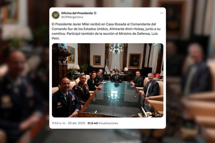 Milei recibió al jefe del Comando Sur para reforzar la cooperación con EE.UU. | El almirante Alvin Holsey fue recibido en Casa Rosada
