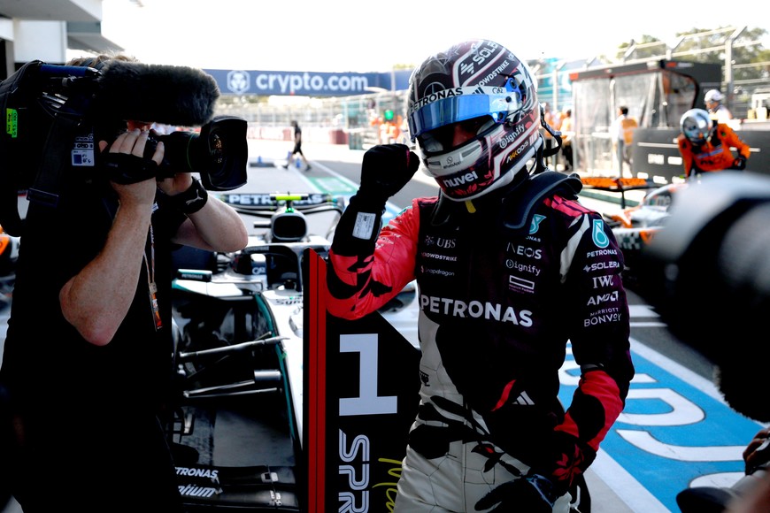 Formula One F1 - Miami Grand Prix - Miami International Autodrome, Miami, Florida, United States - May 2, 2025
Mercedes' Andrea Kimi Antonelli celebrates after qualifying in pole position for the sprint race REUTERS/Brian Snyder