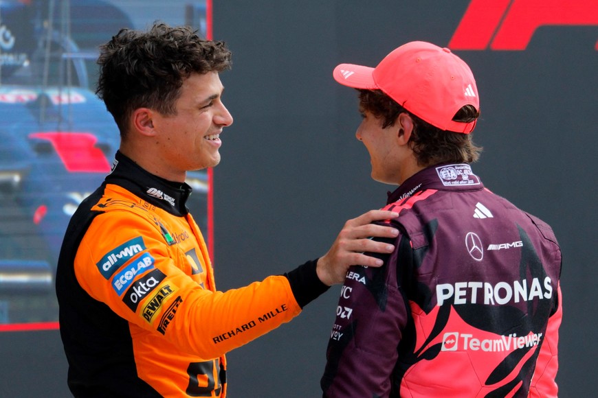 Formula One F1 - Miami Grand Prix - Miami International Autodrome, Miami, Florida, United States - May 3, 2025
McLaren's Lando Norris and Mercedes' Andrea Kimi Antonelli after finishing second and third during qualifying REUTERS/Brian Snyder