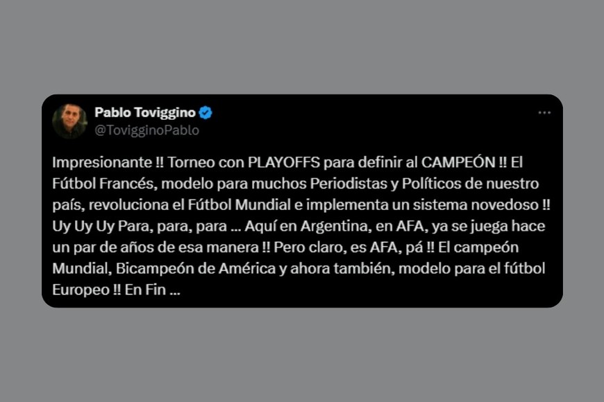 La publicación de Toviggino en X.