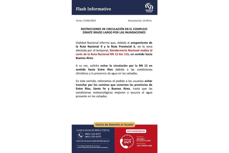 El comunicado oficial de Vialidad Nacional.