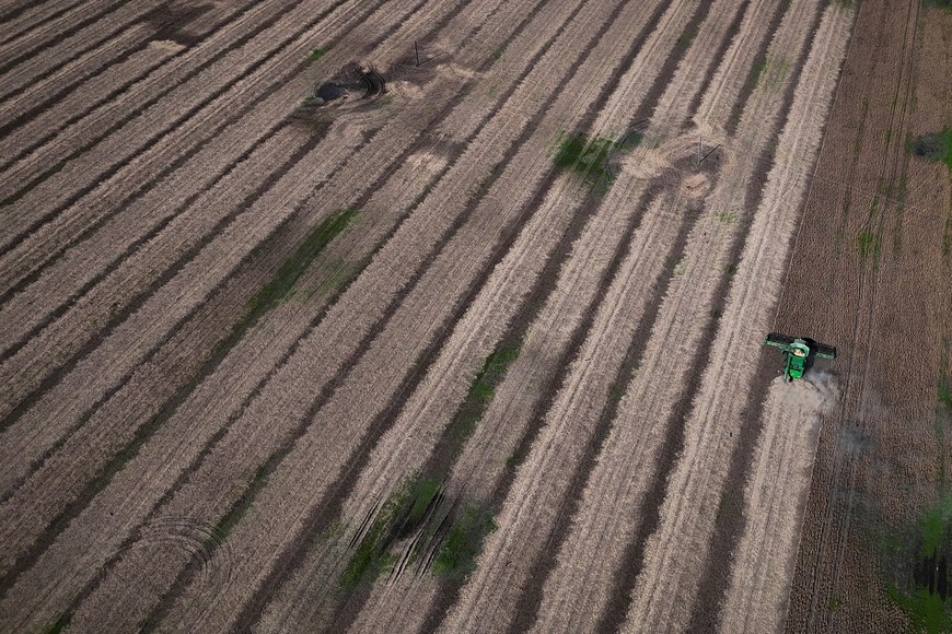 A drone view shows a harvester working in a soybean plantation in San Andres de Giles, on the outskirts of Buenos Aires, Argentina, May 12, 2025. REUTERS/Martin Cossarini