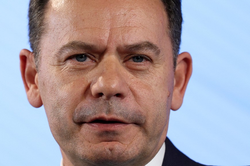 Portugal's Social Democratic Party (PSD) and Democratic Alliance (AD) leader Luis Montenegro looks on, following the exit polls, at his electoral night headquarters, in Lisbon, Portugal, May 19, 2025. REUTERS/Violeta Santos Moura REFILE - CORRECTING DATE