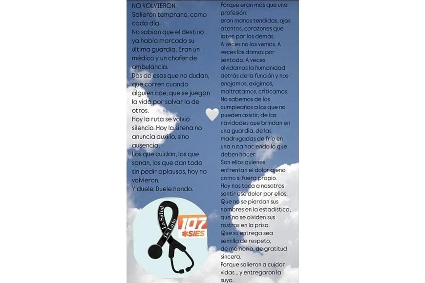 Quiénes eran el médico y el chofer del SIES 107 que murieron en el accidente de la Ruta 33