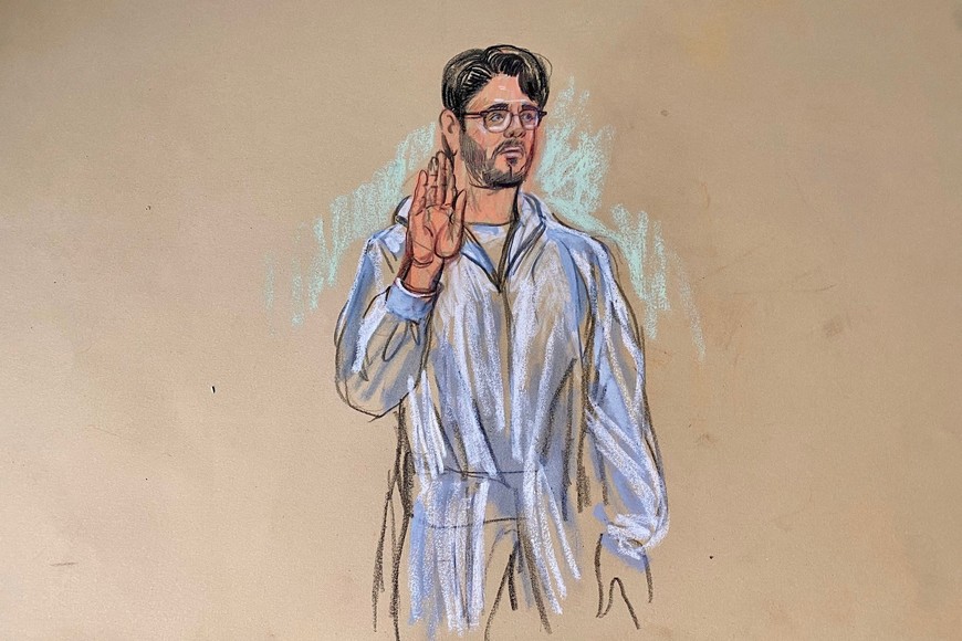 Shooting suspect Elias Rodriguez, 31, is seen in U.S. District Court, where he was charged with two counts of first-degree murder in the shooting near the Capital Jewish Museum, in Washington, D.C.,  U.S., May 22, 2025 in this courtroom sketch. Courtesy Dana Verkouteren/Handout via REUTERS    THIS IMAGE HAS BEEN SUPPLIED BY A THIRD PARTY. MANDATORY CREDIT.