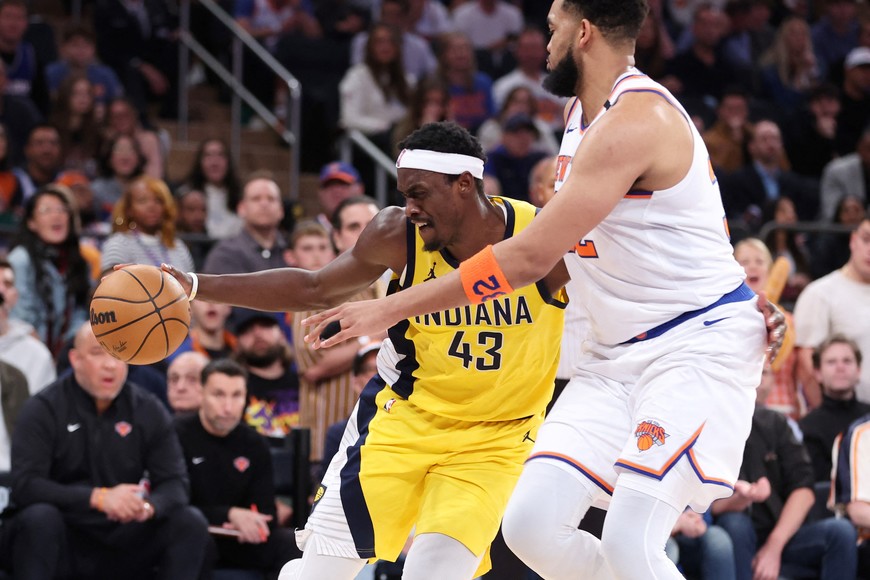 May 23, 2025; New York, New York, USA; Indiana Pacers forward Pascal Siakam (43) controls the ball against New York Knicks center Karl-Anthony Towns (32) in the second quarter during game two of the eastern conference finals for the 2025 NBA Playoffs at Madison Square Garden. Mandatory Credit: Wendell Cruz-Imagn Images