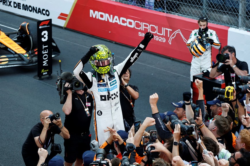 Formula One F1 - Monaco Grand Prix - Circuit de Monaco, Monaco - May 25, 2025
McLaren's Lando Norris celebrates after winning the Monaco Grand Prix REUTERS/Stephanie Lecocq