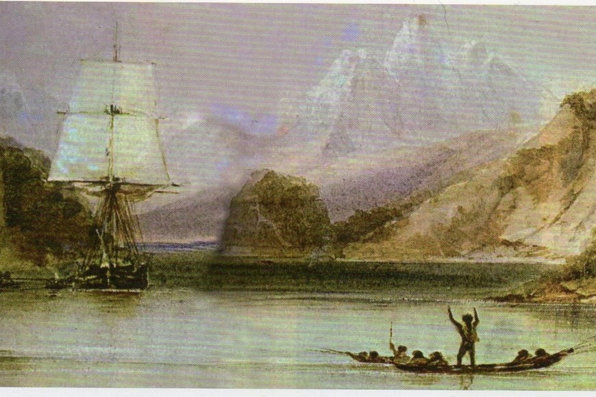 Imagen obtenida del libro "Charles Darwin", biografía escrita por Jean Nöel Mouret (2014). HMS Beagle, donde viajaba el científico, en su paso frente a las costas de Tierra del Fuego.