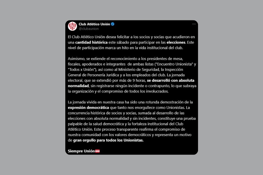 El comunicado de Unión en X.