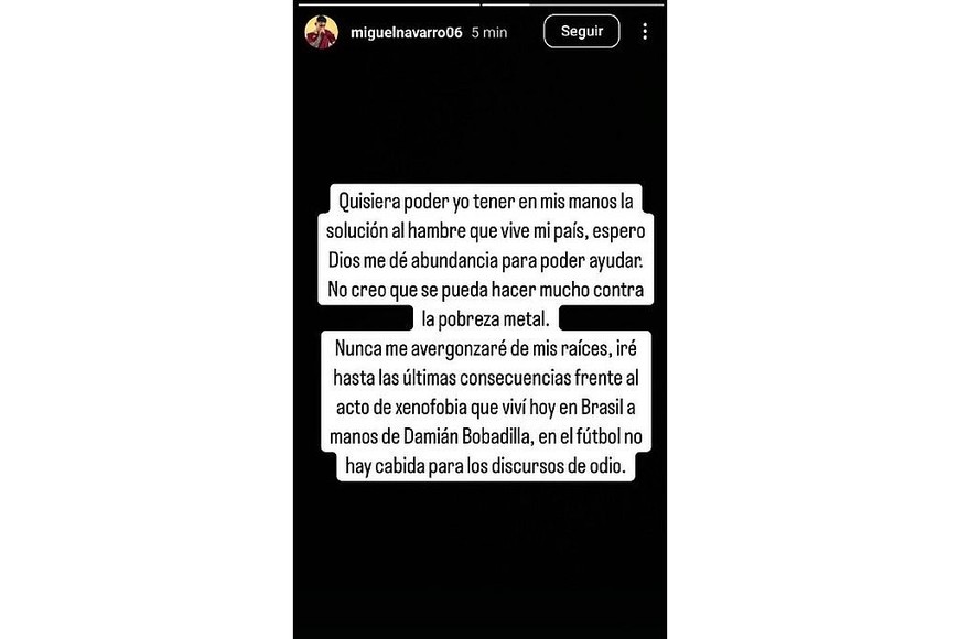 El descargo de Miguel Navarro en sus redes sociales.