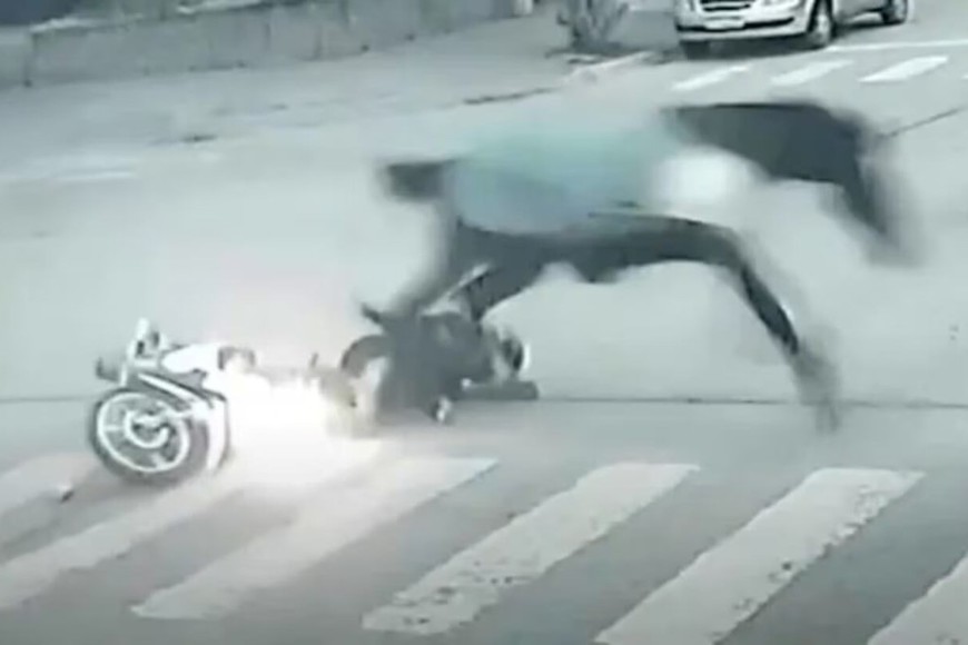 La moto caída y la mujer en el suelo tras la embestida.