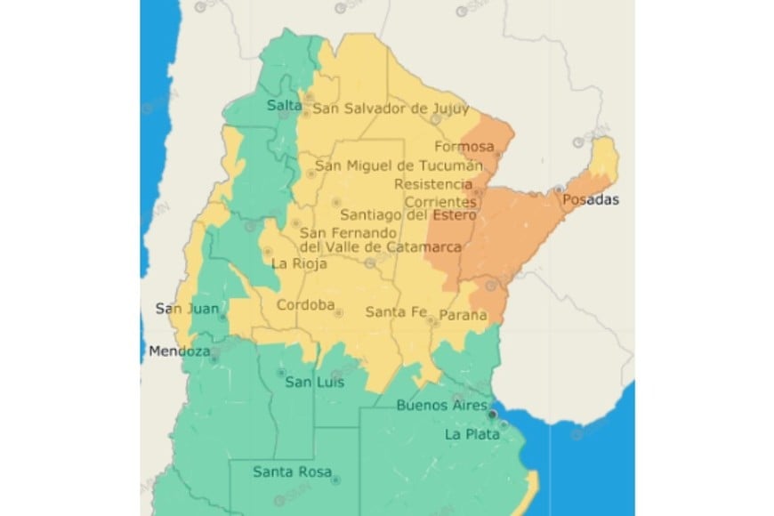 Zonas afectadas por algún tipo de alerta. Crédito: SMN