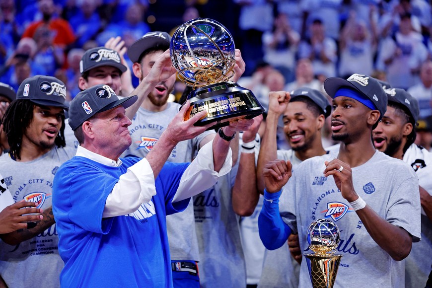 May 28, 2025; Oklahoma City, Oklahoma, USA; Oklahoma City Thunder chairman Clay Bennett celebrates after his team beat the Minnesota Timberwolves in game five to win the western conference finals for the 2025 NBA Playoffs at Paycom Center. Mandatory Credit: Alonzo Adams-Imagn Images