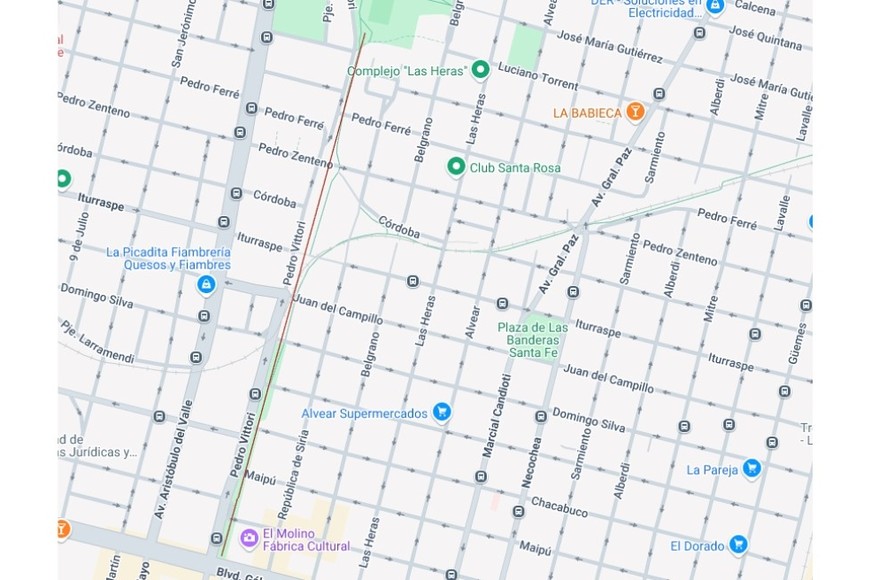 En rojo, el trazado del nuevo parque que será paralelo a calle Pedro Vittori. Crédito: Google Maps