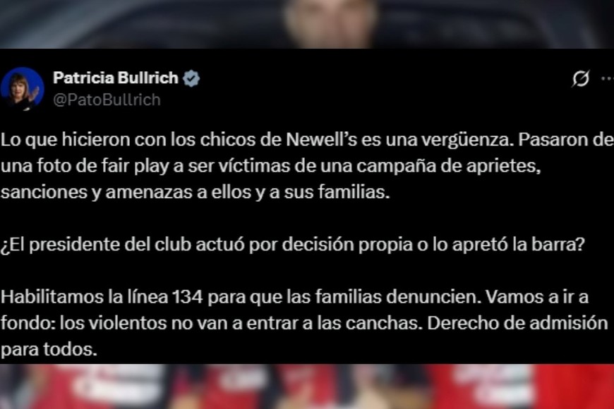 Bullrich acusó a Newell’s de ceder ante la barra por el caso Malcorra