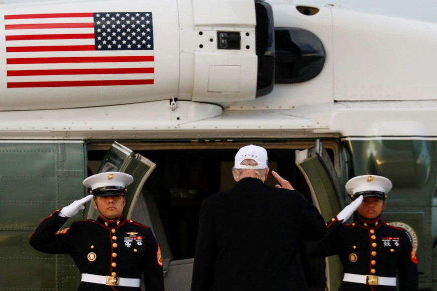 U.S. President Donald Trump boards Marine Force One, to depart for the G7 Leaders' Summit in the Rocky Mountain resort town of Kananaskis, from Calgary International Airport in Calgary, Alberta, Canada, June 15, 2025. REUTERS/Amber Bracken/Pool