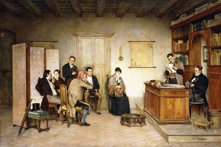 "La lectura del testamento". Óleo de Achille Glisenti (1848-1906), imagen que reproduce una escena clásica de la narrativa universal, a la que el derecho argentino impone importantes restricciones. Crédito: Archivo El Litoral.