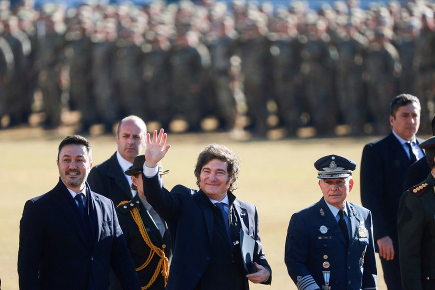 Argentine President Javier Milei arrives at the National Flag Day ceremony, commemorating the 205th anniversary of General Manuel Belgrano's death and the traditional national flag oath, in Buenos Aires, Argentina June 20, 2025. REUTERS/Cristina Sille