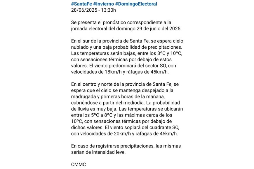 El comunicado del Centro de Monitoreo Meteorológico y Climático SAT.