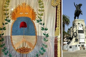 Izquierda: la Bandera de los Andes: un pedido del gobierno santafesino ante el de Mendoza hizo posible su presencia en Santa Fe.  Derecha: Monumento al General Don José de San Martín en la ciudad de Santa Fe. Fue inaugurado en 1902.