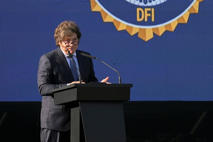 Argentina's President Javier Milei addresses the media during a press conference at the Federal Police Mounted Division, in Buenos Aires, Argentina, June 17, 2025. REUTERS/Martin Cossarini