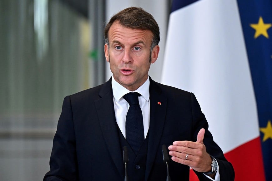 French President Emmanuel Macron speaks during a press conference with British Prime Minister Keir Starmer (not pictured) on July 10, 2025 in London, England. Leon Neal/Pool via REUTERS
