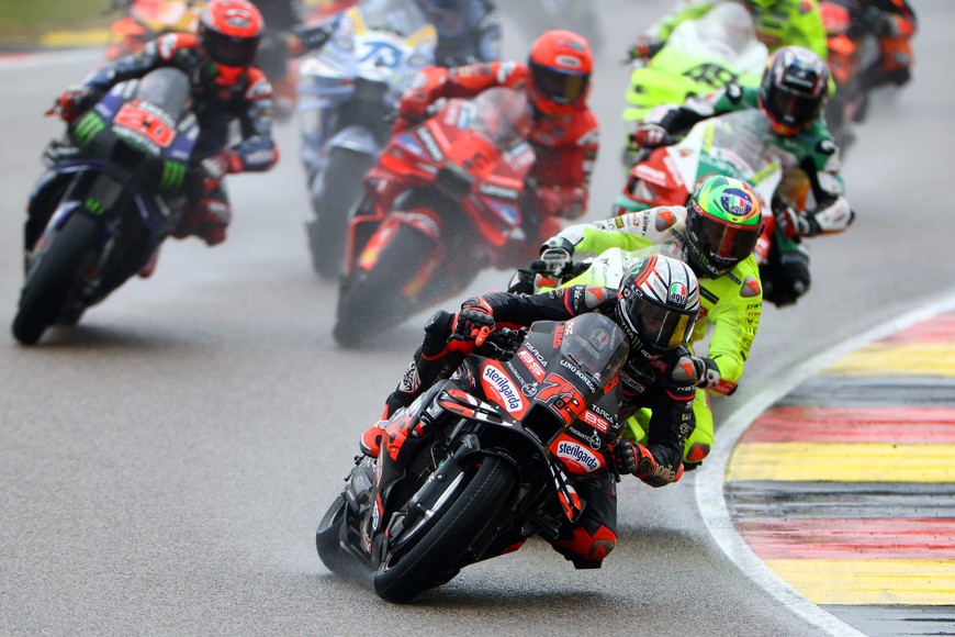 MotoGP - German Grand Prix - Sachsenring, Hohenstein-Ernstthal, Germany - July 12, 2025
Aprilia Racing's Marco Bezzecchi and Pertamina Enduro VR46 Racing Team's Franco Morbidelli in action during the sprint race REUTERS/Lisi Niesner