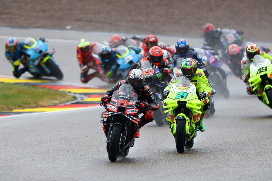 MotoGP - German Grand Prix - Sachsenring, Hohenstein-Ernstthal, Germany - July 12, 2025
Aprilia Racing's Marco Bezzecchi and Pertamina Enduro VR46 Racing Team's Franco Morbidelli in action during the sprint race REUTERS/Lisi Niesner