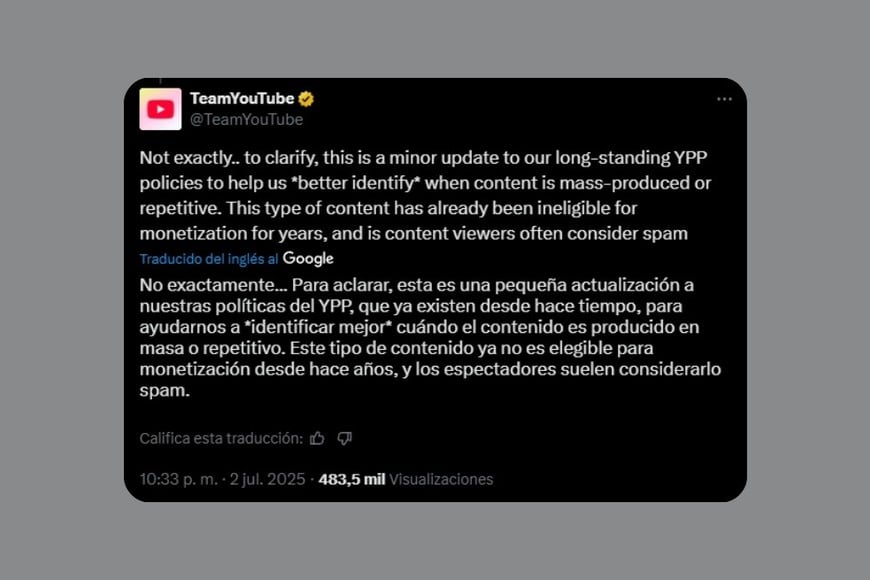 Una de las publicaciones de YouTube en X.