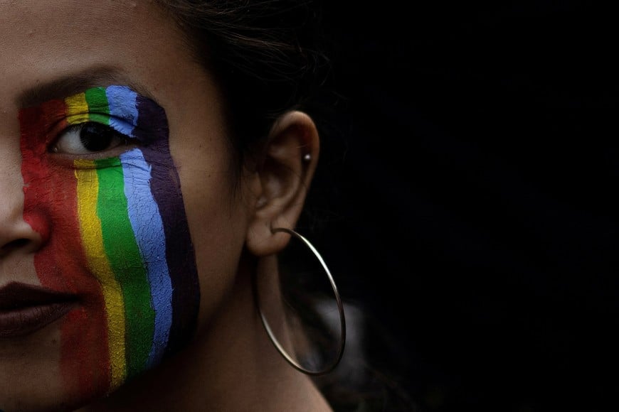 A participant with a painted face takes part in Delhi Queer Pride March, an event promoting gay, lesbian, bisexual and transgender rights, in New Delhi, India, January 8, 2023. REUTERS/Adnan Abidi     TPX IMAGES OF THE DAY
