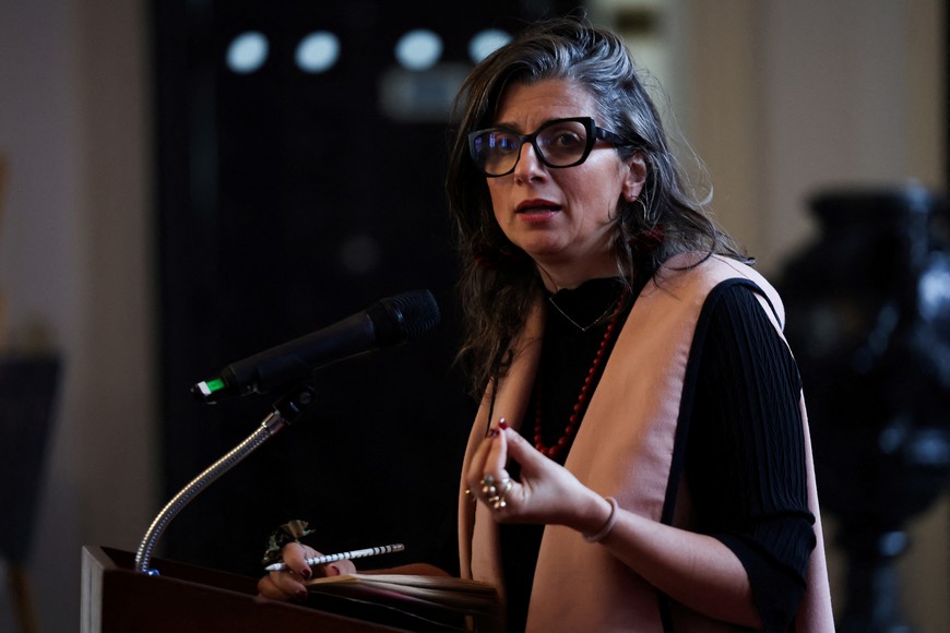 UN Special Rapporteur for the occupied Palestinian territories Francesca Albanese attends a press conference following an Emergency Conference of States, hosted by Colombia and South Africa, to discuss measures against Israel in relation to the conflict in Gaza, in Bogota, Colombia, July 15, 2025. REUTERS/Luisa Gonzalez