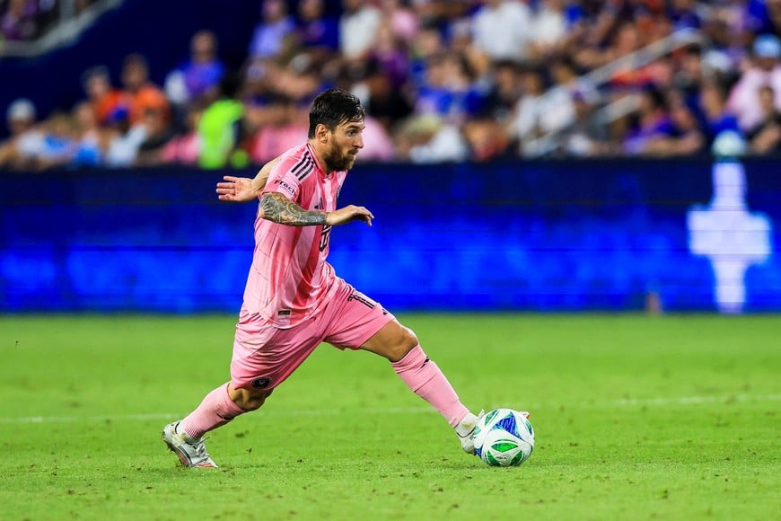 Jul 16, 2025; Cincinnati, Ohio, USA; Inter Miami CF forward Lionel Messi (10) dribbles against FC Cincinnati in the second half at TQL Stadium. Mandatory Credit: Katie Stratman-Imagn Images